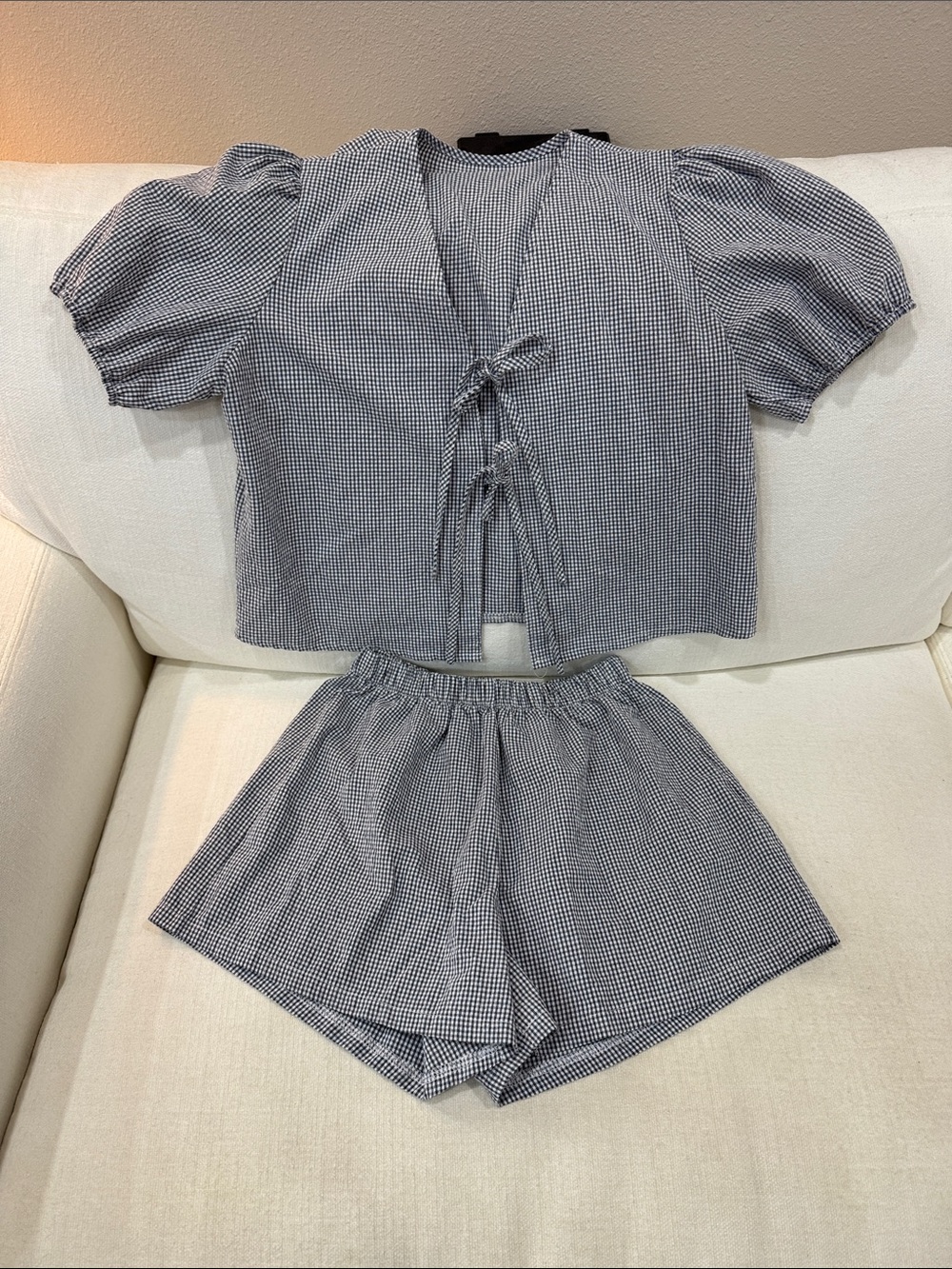 Amazon Women's Navy & White Gingham Tie-Front Top with Matching Shorts